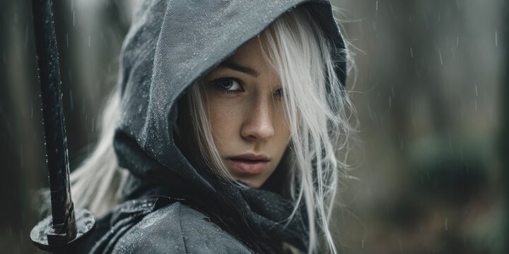 Woman with silver hair and hooded cloak in an outdoor forest environment