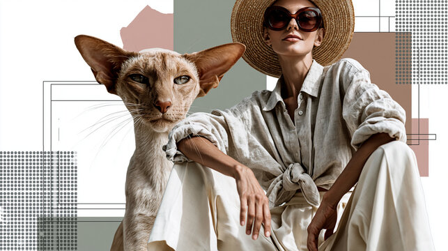single surreal editorial fashion collage, one anthropomorphic oriental shorthair cat model, realistic sleek oriental cat head with oversized ears, long refined muzzle and elegant a