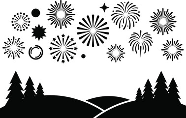 Fototapeta premium Festive Fireworks with Pine Forest and Hills Silhouette. Celebration Firework Bursts, Ideal for 4th of July, New Year, Christmas, and American Holiday Designs.