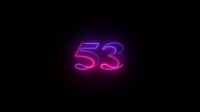 53 number neon bright glowing animation on black background 4k video.