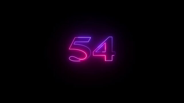 54 number neon bright glowing animation on black background 4k video.