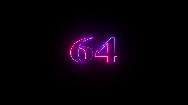 64 number neon bright glowing animation on black background 4k video.