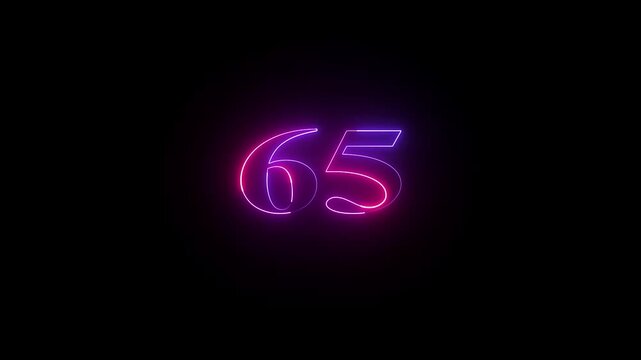 65 number neon bright glowing animation on black background 4k video.