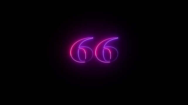 66 number neon bright glowing animation on black background 4k video.