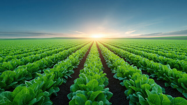 Lush green sugar beet field with rows converging toward sunrise, rural agriculture landscape with rich soil and clear sky