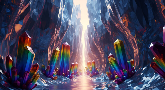 Vibrant Rainbow Crystal Cave Path glowing with inner light