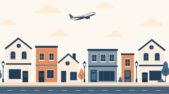 Airplane Flying Above a Beautiful Small Town Street Animated Illustration In Flat Design Style.  Street with colorful buildings, trees, clouds, and road elements. Travel concept, 