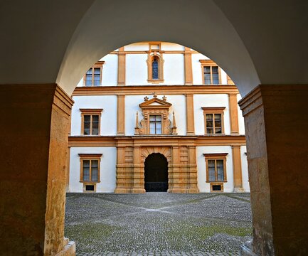 Scenic inner courtyard arched view of Schloss Eggenberg a 17th century Baroque style Palace in the province of Styria, Graz Austria.