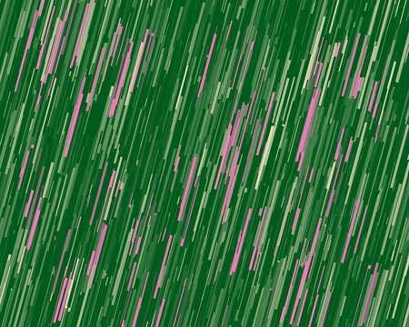 Abstract green background with dynamic diagonal rain pattern. Textured backdrop featuring multi-toned green and subtle pink vertical lines mimicking heavy rainfall downpour.