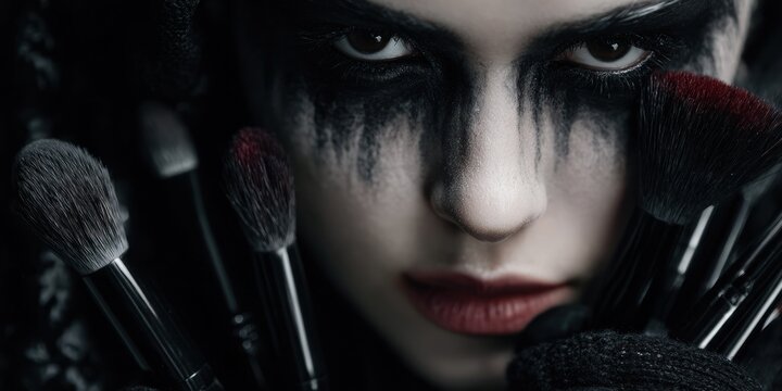 Woman with dark makeup holding makeup brushes in a dramatic artistic portrait