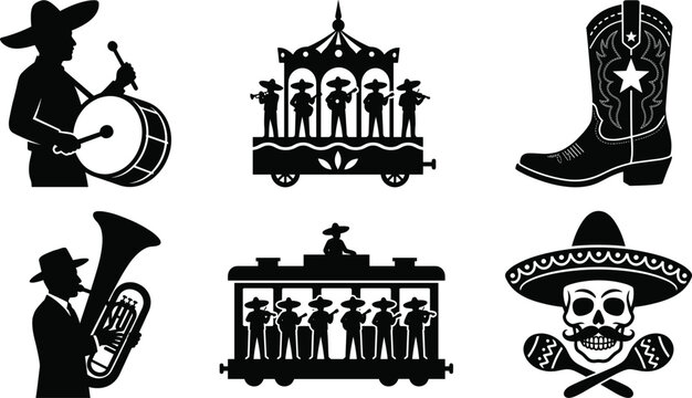 Mexican Festival Silhouettes Vector Collection with Musicians, Band Parade, Cowboy Boots, Maracas, Traditional Hats, Skull Icon