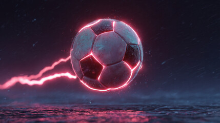 Naklejka premium Glowing soccer ball in dark sky with neon pink edge and electric trail over wet surface