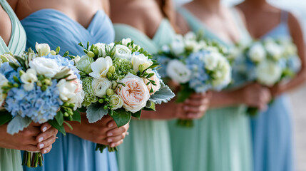 Teamwork and celebration training banner, group of adult women standing together in soft pastel blue and mint dresses holding small bouquets in a clean outdoor setting, calm natura