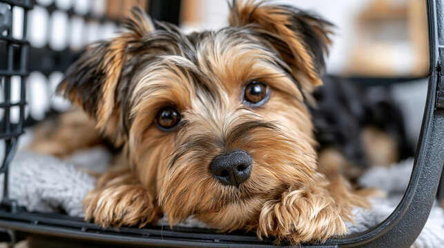 Commercial stock photo close-up shot of a small purebred Yorkshire terrier lying in a portable carrier case, dog subject only, front-facing camera angle, realistic face, calm adora
