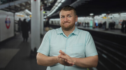 Obraz premium Bearded man with hands open palms up at train station shrugging on platform among commuters; confusion.