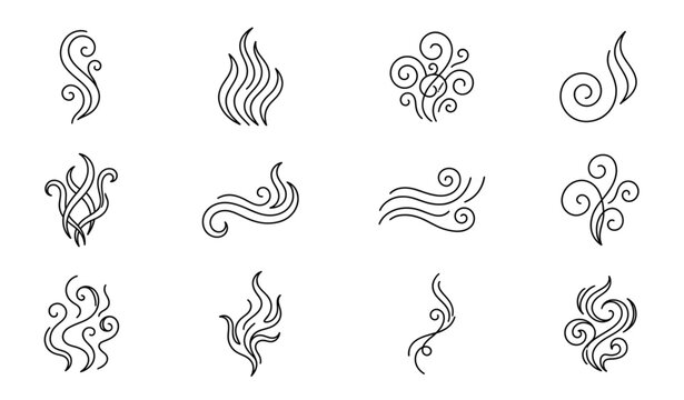 aroma, steam, smoke, fragrance, swirl, wave, curl, line, outline, stroke, thin line, vector, illustration, isolated, white, background, icon, set, collection, coffee, tea, soup, hot, heat, evaporation