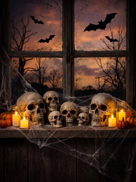 Halloween decor skull on window sill 