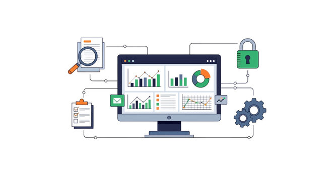 Corporate team monitors compliance on computer screen with charts and graphs