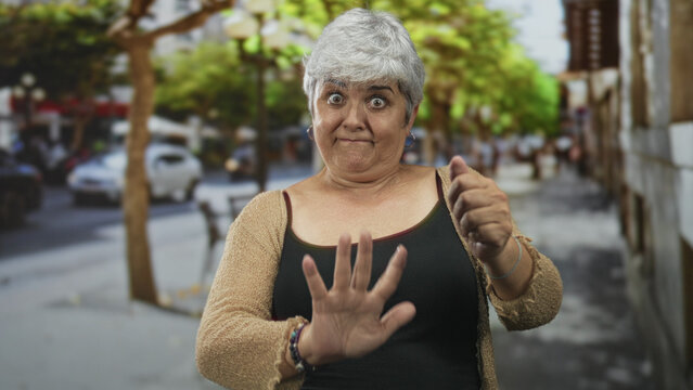 Senior woman with grey hair mimes steering with hands on a busy street; confidence independence resilience.