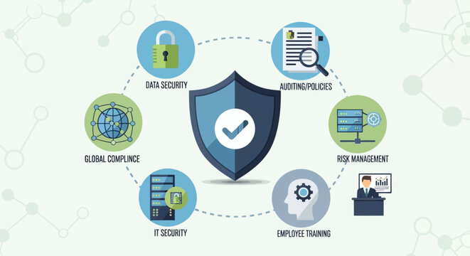 Corporate security concept with compliance checkmark and icons around shield