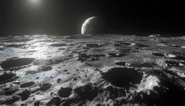 Dramatic Lunar Surface with Distant Moon View