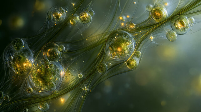 algae microscopic view of green and yellow against a gradient background.
