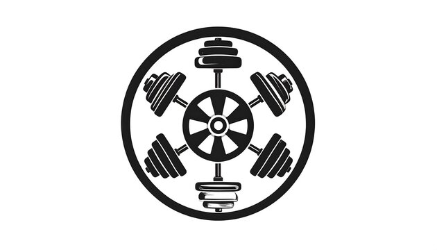 A black and white logo featuring a circle with a wheel and dumbbells