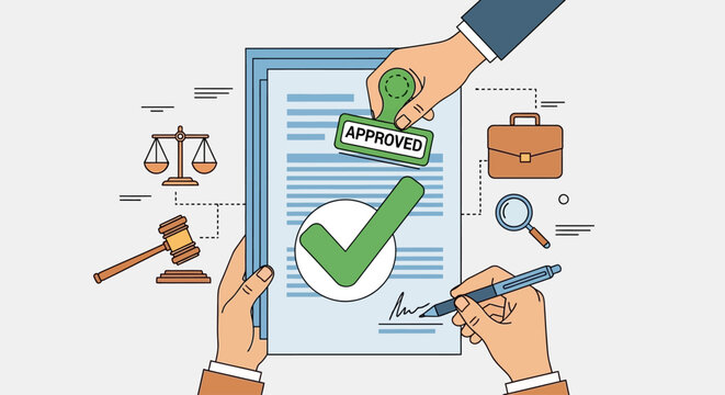Business regulation approval process with corporate compliance checklist and legal document
