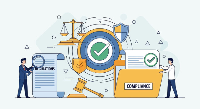 Corporate compliance officers review governance documents in office setting daily.