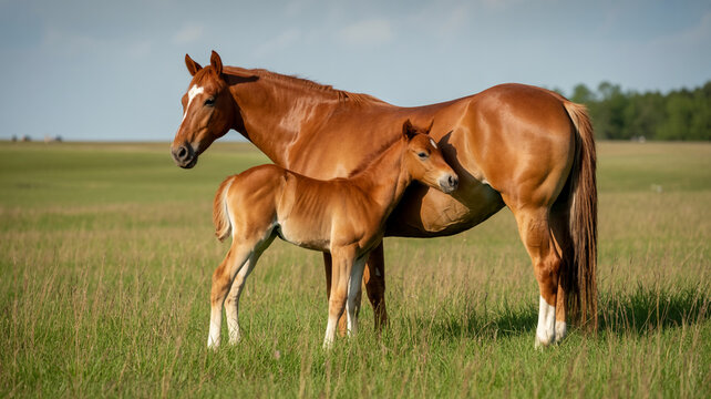 Brown adult horse standing protectively with a young foal in a green grassy field under a blue sky with trees in the background