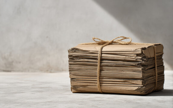 Bundle of recycled cardboard tied with string in simple studio light, side view of brown paper stack with copy space