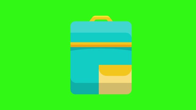 Blue yellow backpack icon on a bright green background is a flat graphic digital school bag design. Suitable for schoolrelated projects.