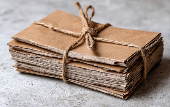 Recycled cardboard tied string paper package brown paper stack paper recycling material eco package kraft paper packaging material wrapped bundle
