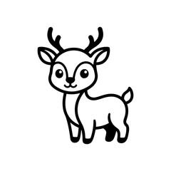 Obraz premium Black and white vector outline of a friendly baby deer with antlers, perfect for coloring books and nursery wall art.