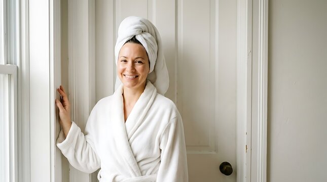 Relaxed smiling woman in a white bathrobe and towel on her head standing by a door