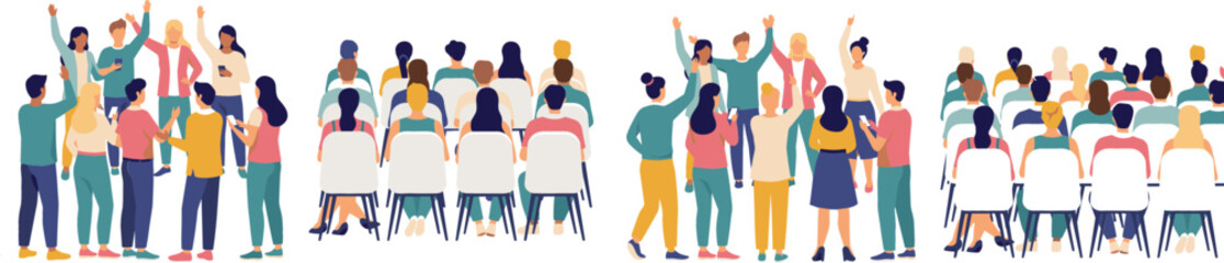 Fototapeta premium Business Conference and Public Audience Icon Set with People Sitting in Chairs and Standing in Groups for Seminar Event UI Flat Vector Designs