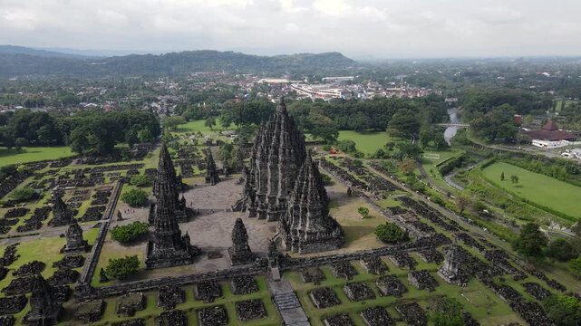 view prambanan tample with drone