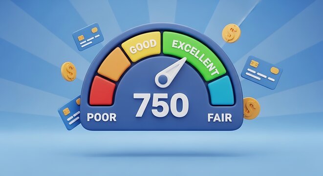 Credit score meter gauge showing an excellent numerical value of seven hundred and fifty points.