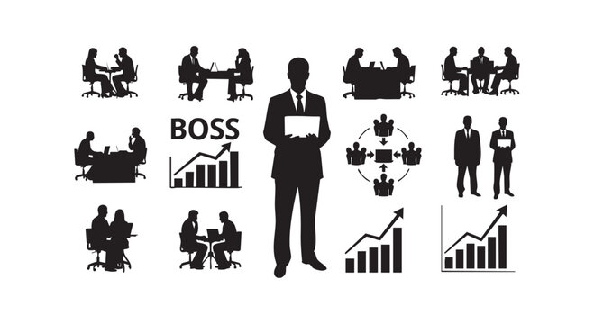Business management icons and silhouettes featuring boss character financial charts teamwork diagrams and office meetings.