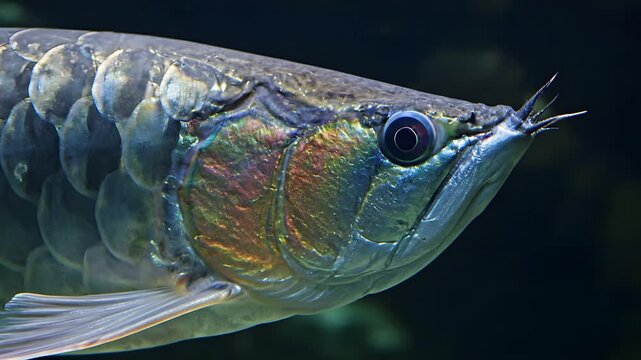 Close up of an Asian arowana swimming underwater with detailed view of its iridescent scales large eye and prominent barbels in a dark aquarium environment