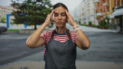 Fototapeta premium Woman with hand on forehead touching temple on street wearing denim apron and red striped shirt with other hand on hip in city storefront; fatigue.