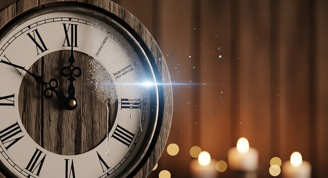 Close-up view of a large clock face on a building.