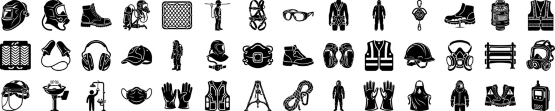 Industrial safety gear and hazardous work protection silhouette icon set