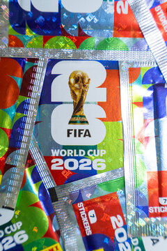 Official FIFA World Cup 2026 merchandise featuring holographic foil packaging and tournament trophy branding, soccer championship collectors item