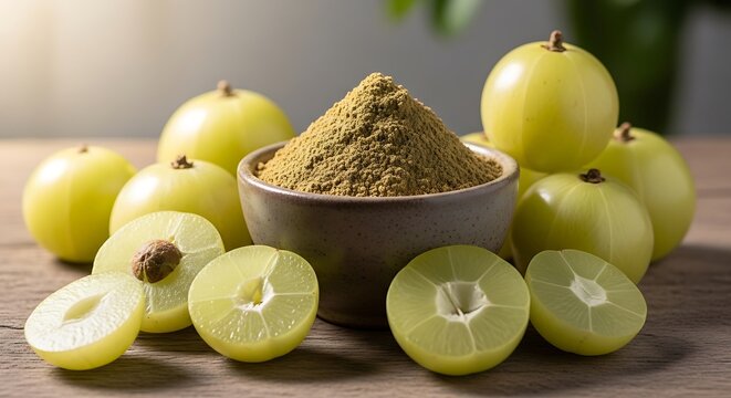 Fresh amla fruit with a bowl of herbal powder on a wooden table. amla powder