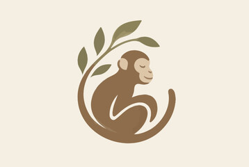 Minimalist monkey and leaf circle logo design. © arkan