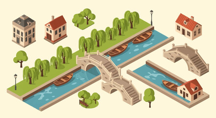 Isometric illustration of a charming European village with canals, bridges, boats, and houses. © Syakilla