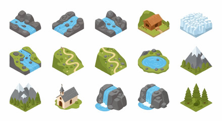 Collection of isometric landscape elements including mountains, rivers, waterfalls, forests, and buildings. © Syakilla
