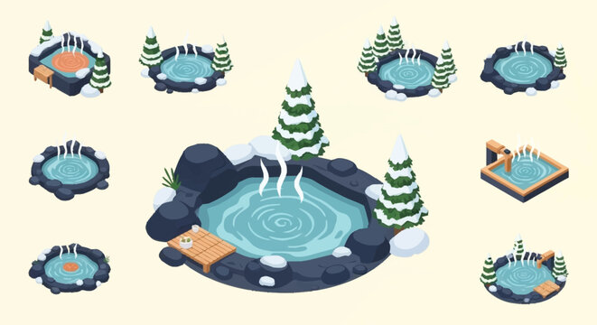 Collection of isometric hot springs and onsen pools surrounded by snow and winter trees.