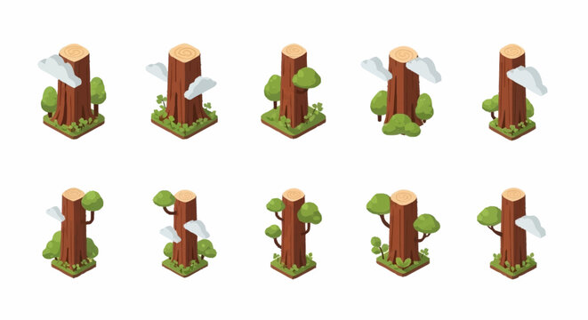 Collection of isometric tree stumps with green foliage and clouds, representing different stages of growth and decay.